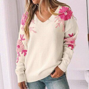 Apricot Casual Women's Floral Crochet V-Neck Sweater